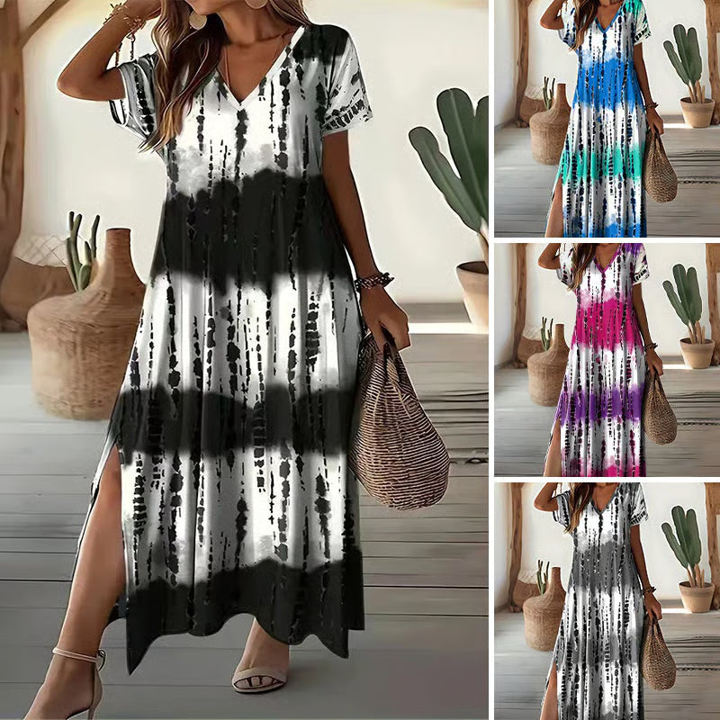 Women's Casual V-Neck Gradient Dress – Dreamy Color Blend & Knee-High Side Slits