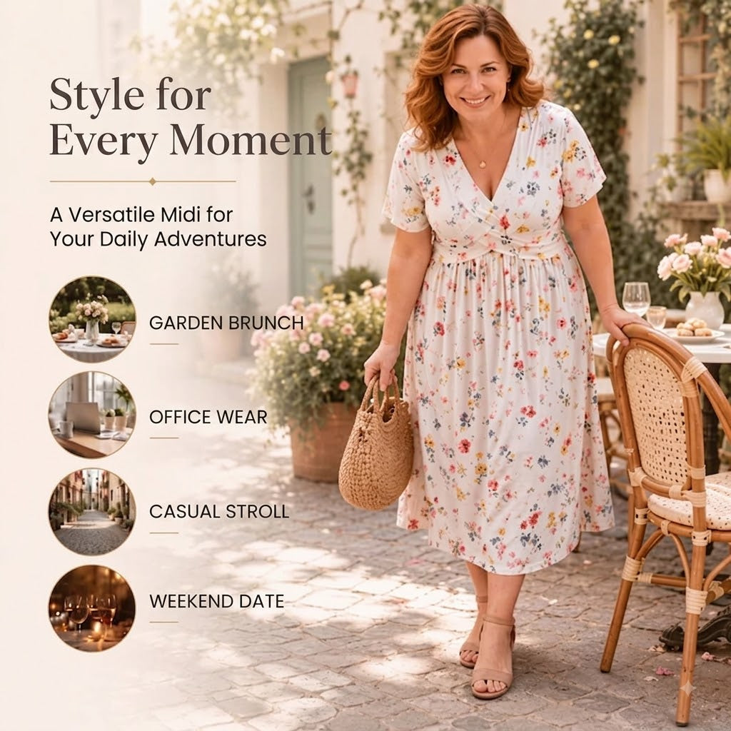 Floral V-Neck Twist-Waist Dress — Elegant Yet Easygoing for Any Occasion