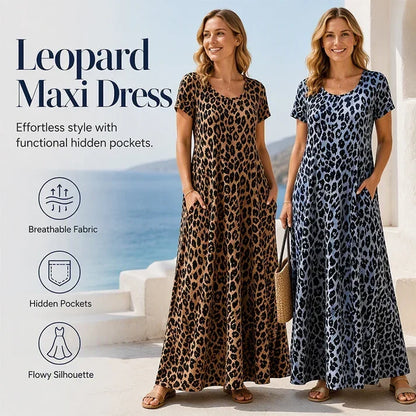 Women's Leopard Print Maxi Dress with Pockets Casual Short Sleeve Long Dress