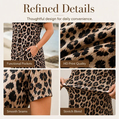 Women's Leopard Print Maxi Dress with Pockets Casual Short Sleeve Long Dress